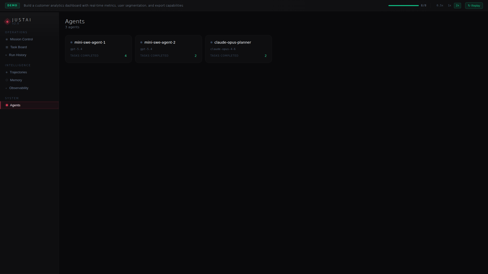 Agents roster showing separated planner and executor tiers.